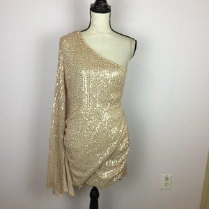 Double Crazy Sheath Dress Sz L Womans Beige Sequin Side Cut Out Long Slit Sleeve